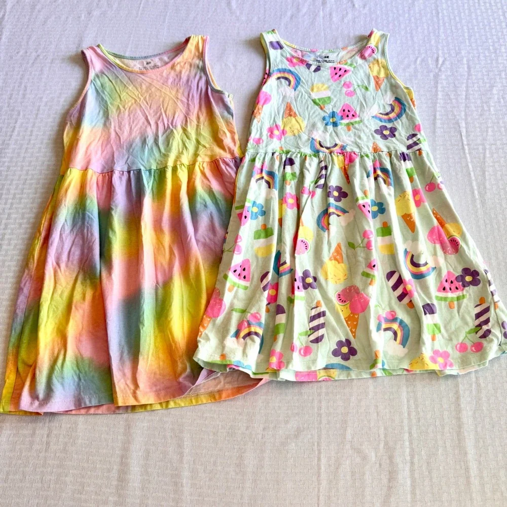 HM Girls 2-Pack Sleeveless Jersey Dresses Size 8/10 Rainbow Tie Dye Ice‎ Cream